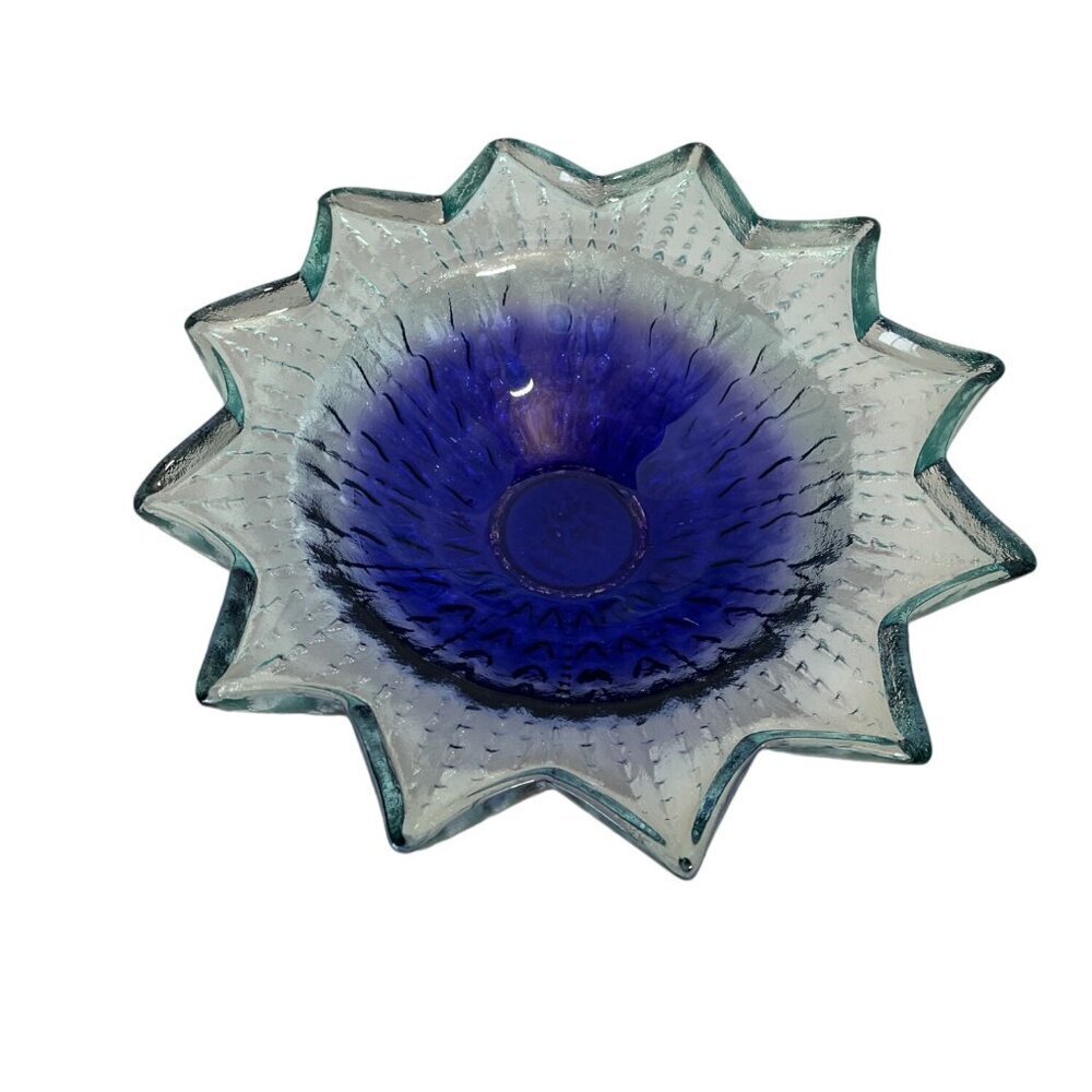 Vintage Starburst Glass Bowl 11.5"‎ Diameter Blue & Clear Glass
